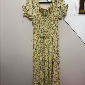 Yellow Floral Puff-Sleeve Smocked Maxi Dress